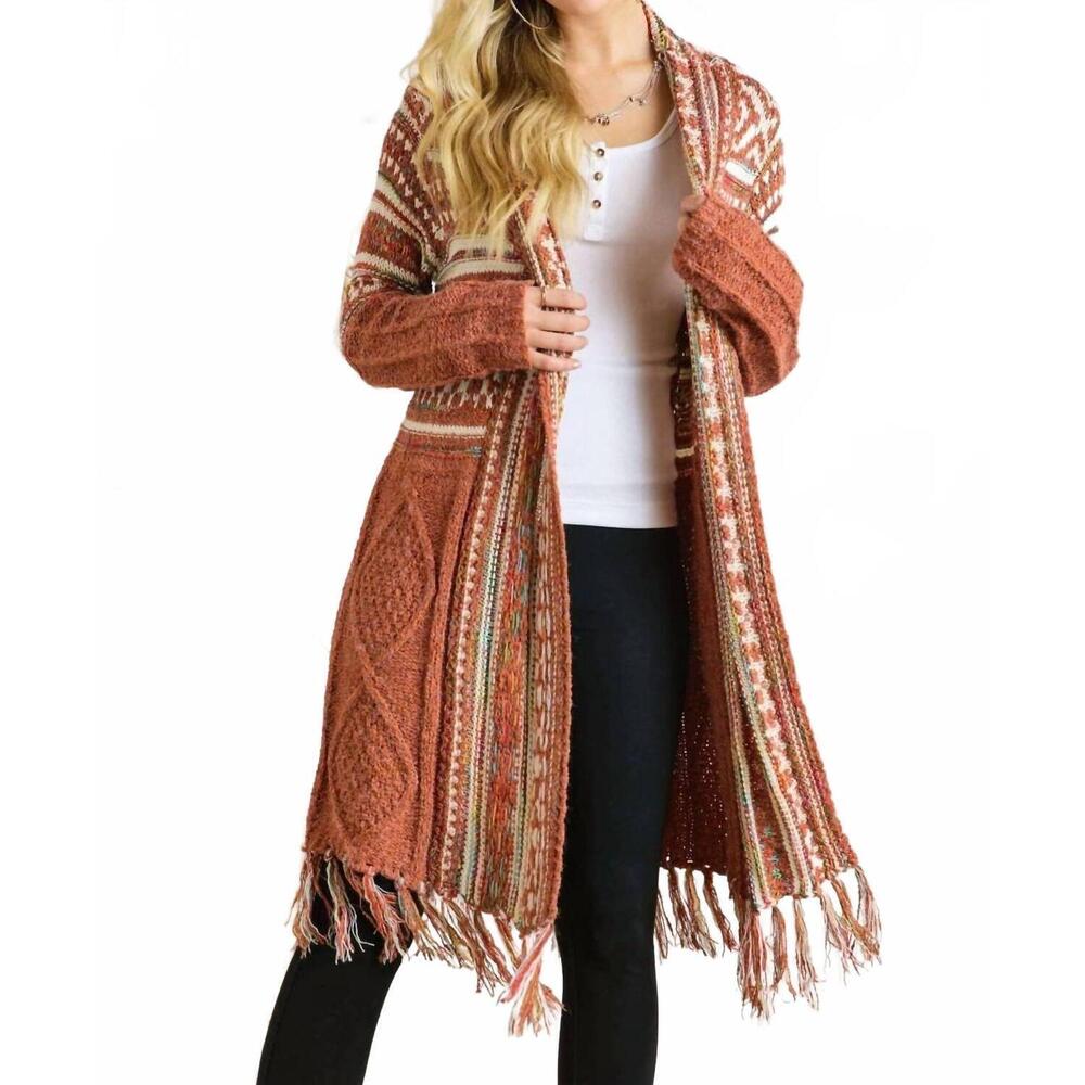 NEW ADORA maya fringe hem aztec cardigan in rust